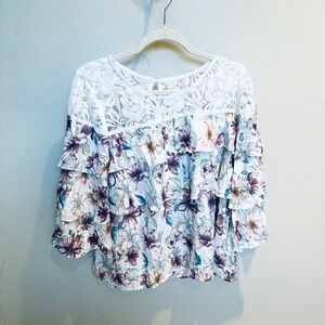 Entro Floral Ruffle Blouse Lace Top 3/4 Sleeve White Purple Boho Size M